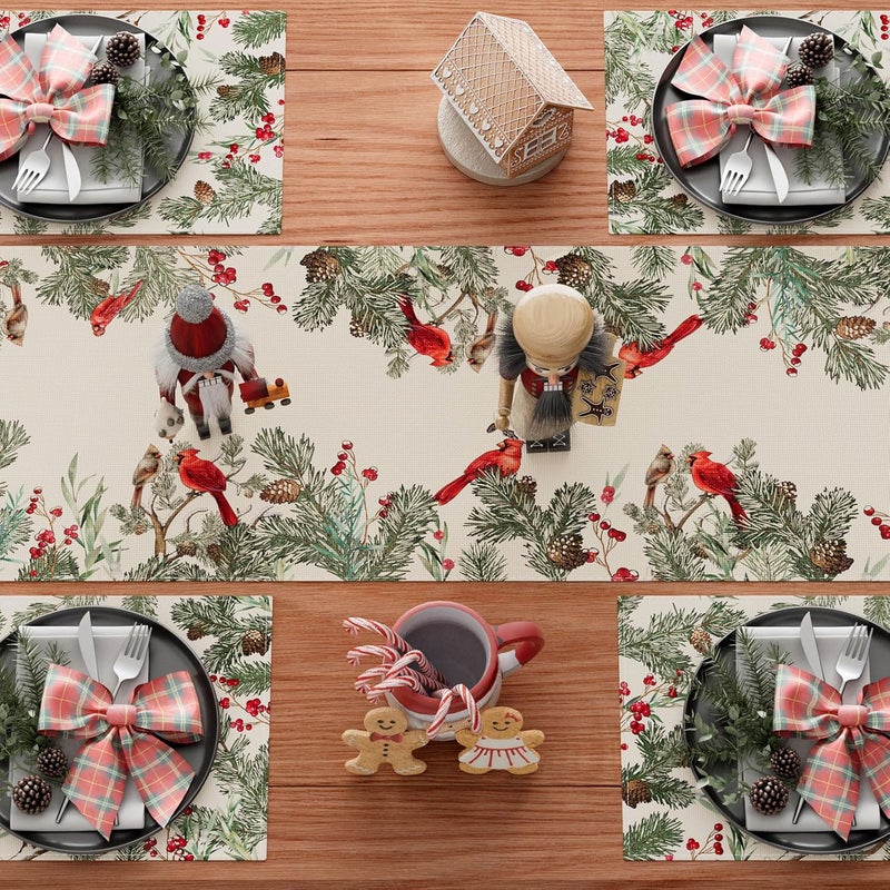 XCHI Cardinal Birds Winter Pine Tree Christmas Xmas Table Runner Table Decoration for Home Kitchen Dining Holiday Decor 13x108 Inch - Image 4